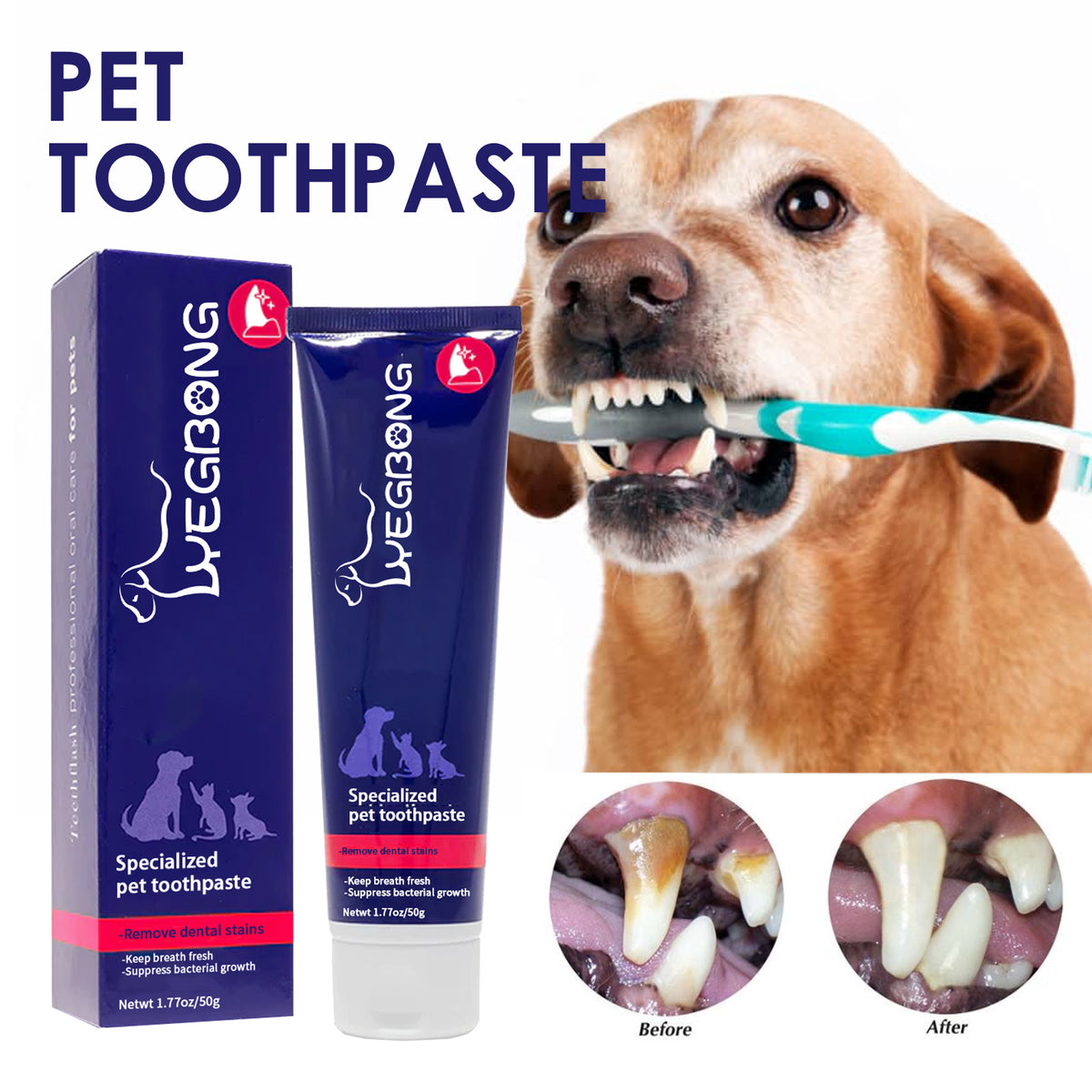 Eprolo pet mouth cleaning cream for cats and dogs, showing application of white teeth and tartar stain removal.