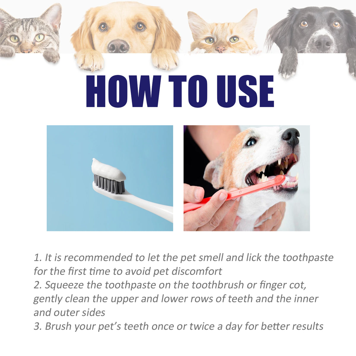 Pet mouth cleaning cream by eprolo for cats and dogs, helps remove bad breath, tartar stains, and whiten teeth.