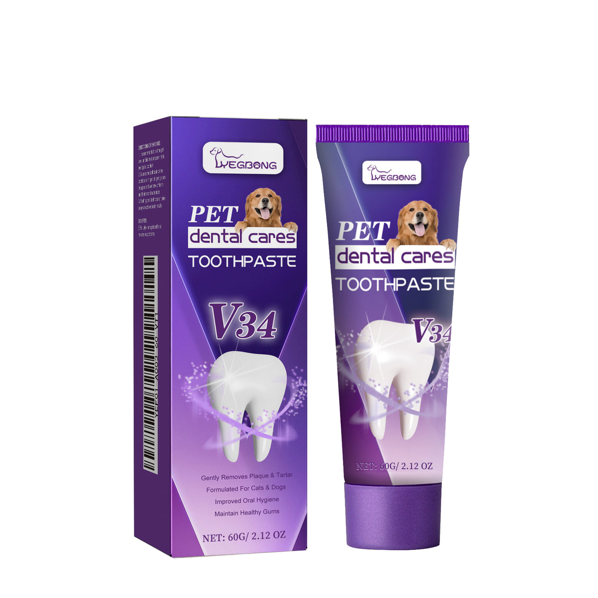 Pet V34 toothpaste by eprolo for dogs, showing the tube with mint flavor, designed for bad breath, tartar, and gum care.