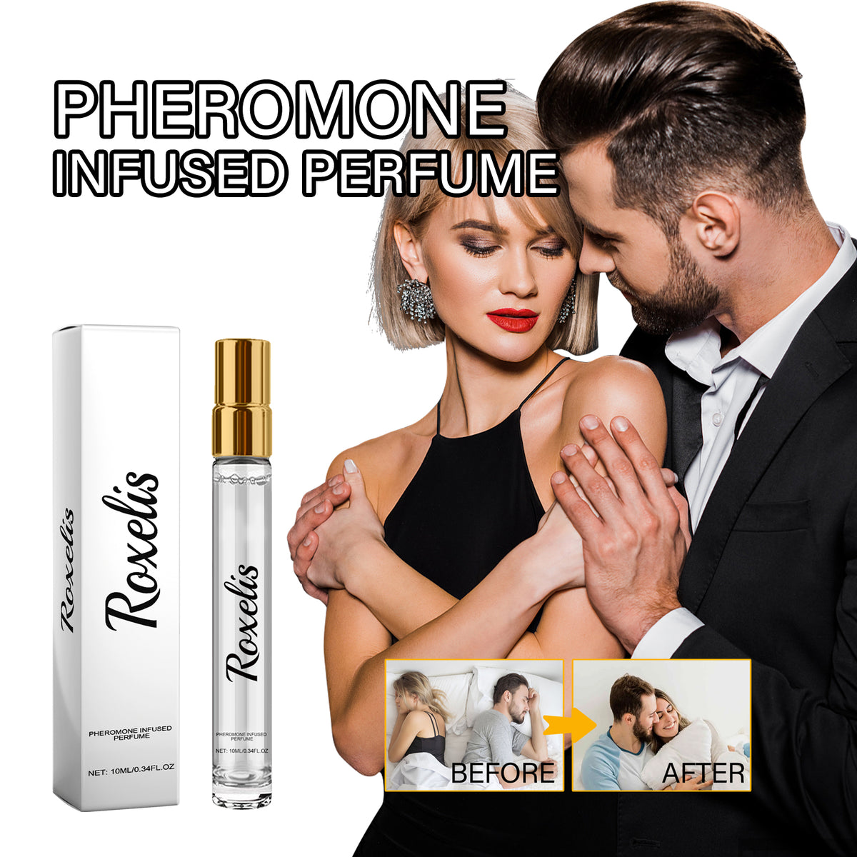 Eprolo pheromone infused perfume bottle with elegant packaging, designed to emit attractive, lasting fragrances for couples and dating.
