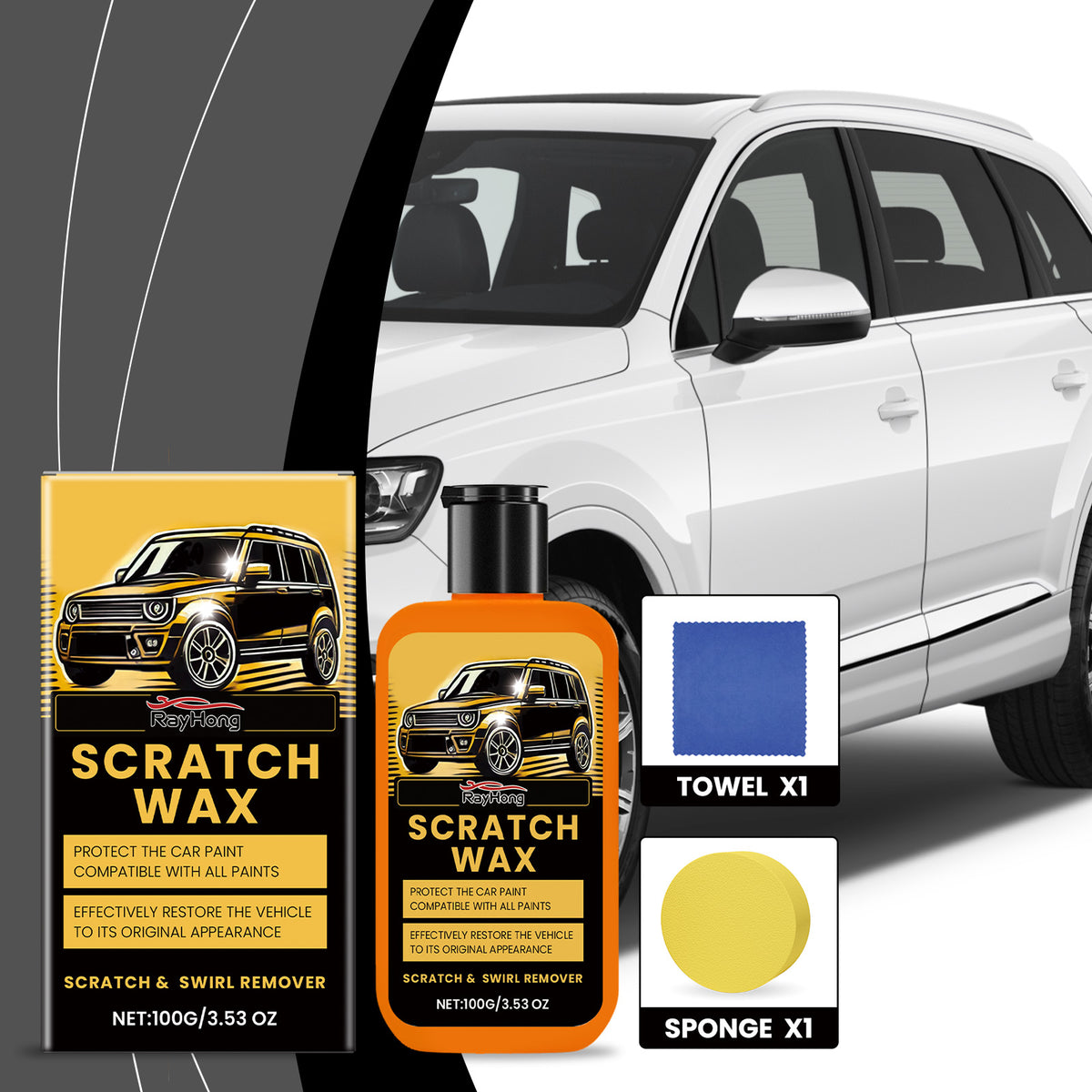 eprolo Rayhong car scratch remover paste showing application on vehicle surface for quick scratch cleaning and maintenance