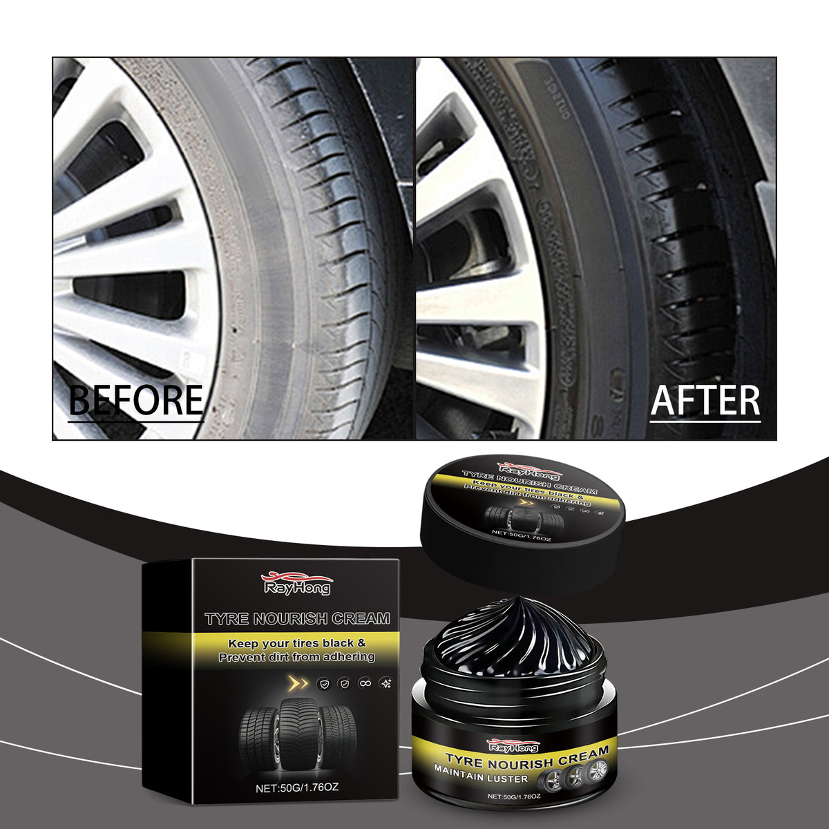 eprolo Rayhong car tire retreading wax showing a close-up of the wax applied to a tire for durable protection against dirt and aging.
