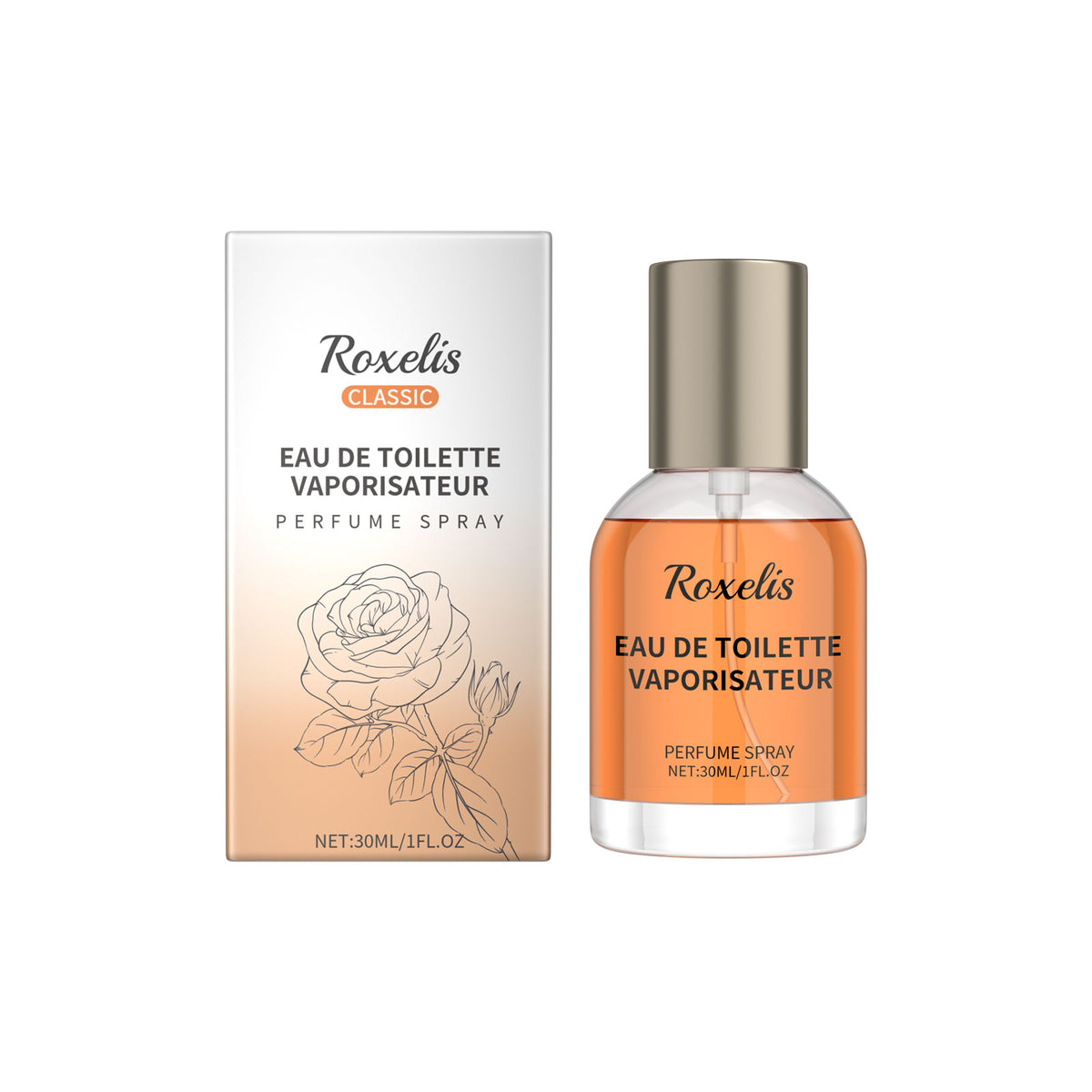 Eprolo Roxelis Amber Cologne bottle with elegant packaging, showcasing a classic perfume with warm amber and fresh fragrance notes