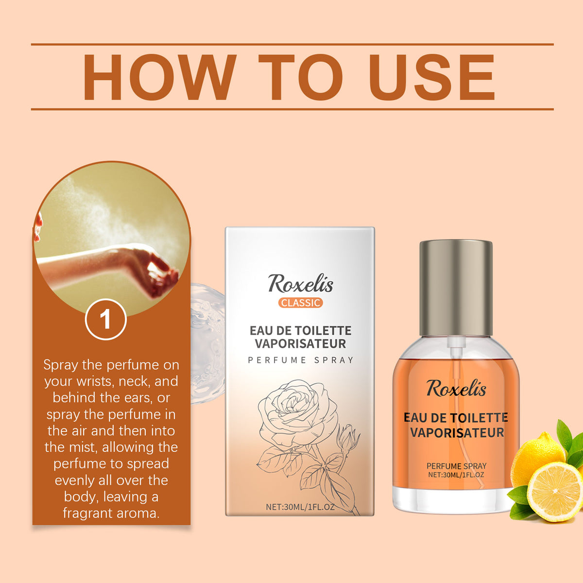 Eprolo Roxelis Amber Cologne bottle showcasing elegant glass design with amber-colored perfume and a sleek cap.