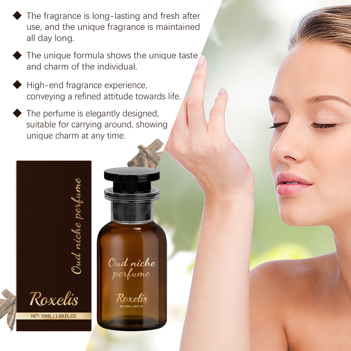 Roxelis black wood fragrance niche perfume display with elegant light wood charm, showcasing premium fresh scent and unique design.