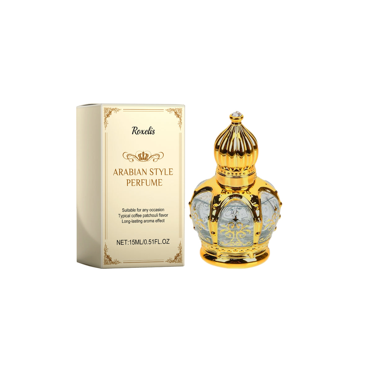 Eprolo Roxelis Patchouli fragrance bottle, showcasing natural and fresh perfume with elegant, long-lasting scent for charming atmospheres
