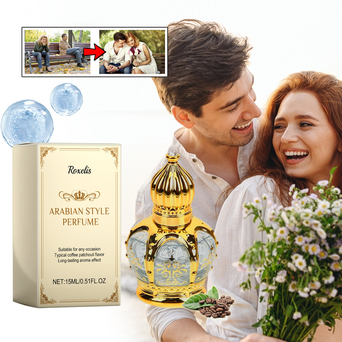 Eprolo Roxelis Patchouli perfume bottle featuring elegant transparent design, showcasing the natural fresh coffee and patchouli scent.