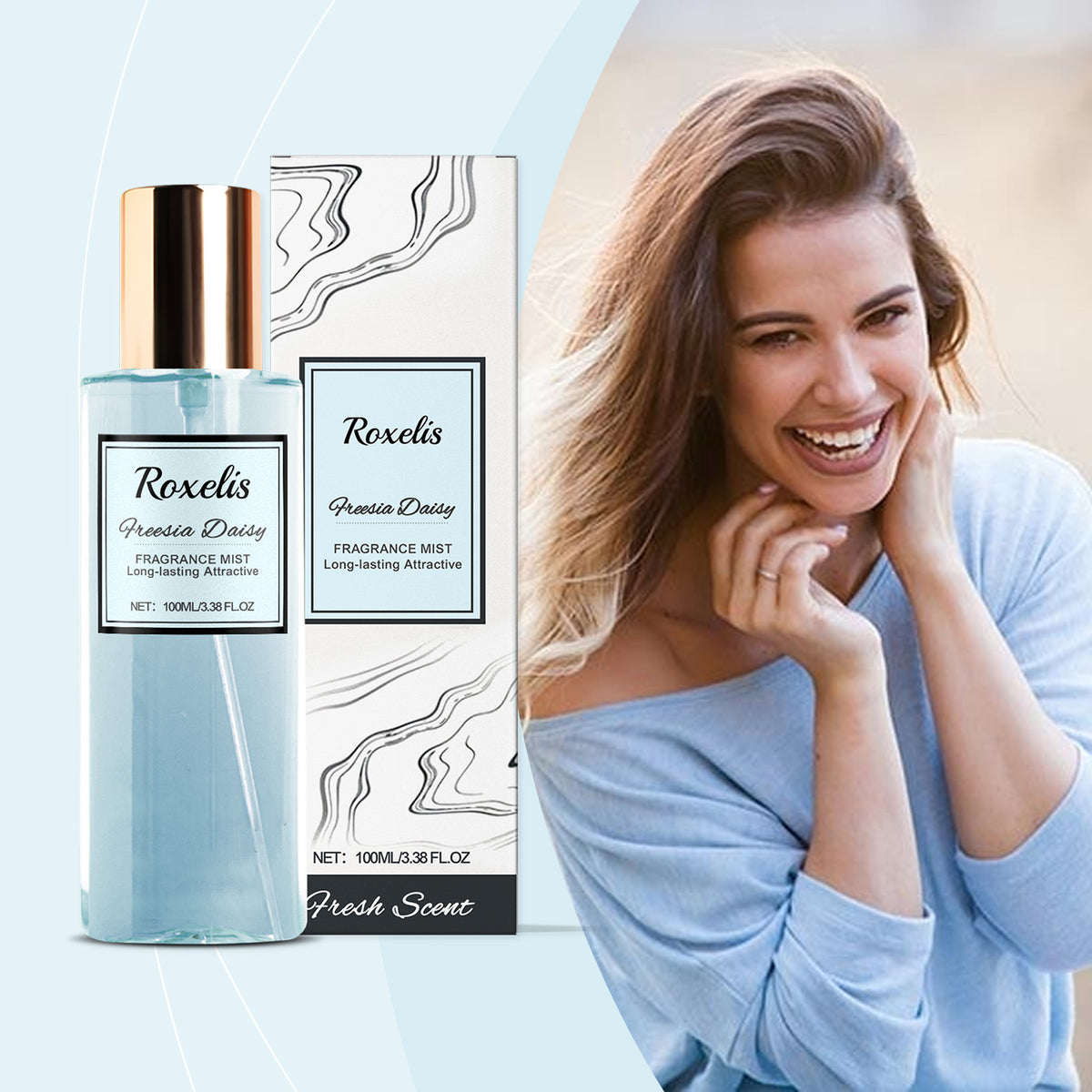 eprolo Roxelis Freesia Daisies romantic body spray with fresh, long-lasting floral fragrance in a sleek bottle.