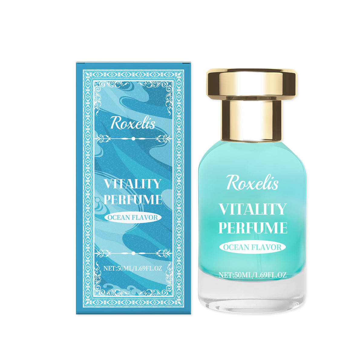 Eprolo Roxelis Ocean Vitality fragrance bottle with fresh light blue ocean scent and natural, lasting niche perfume design.