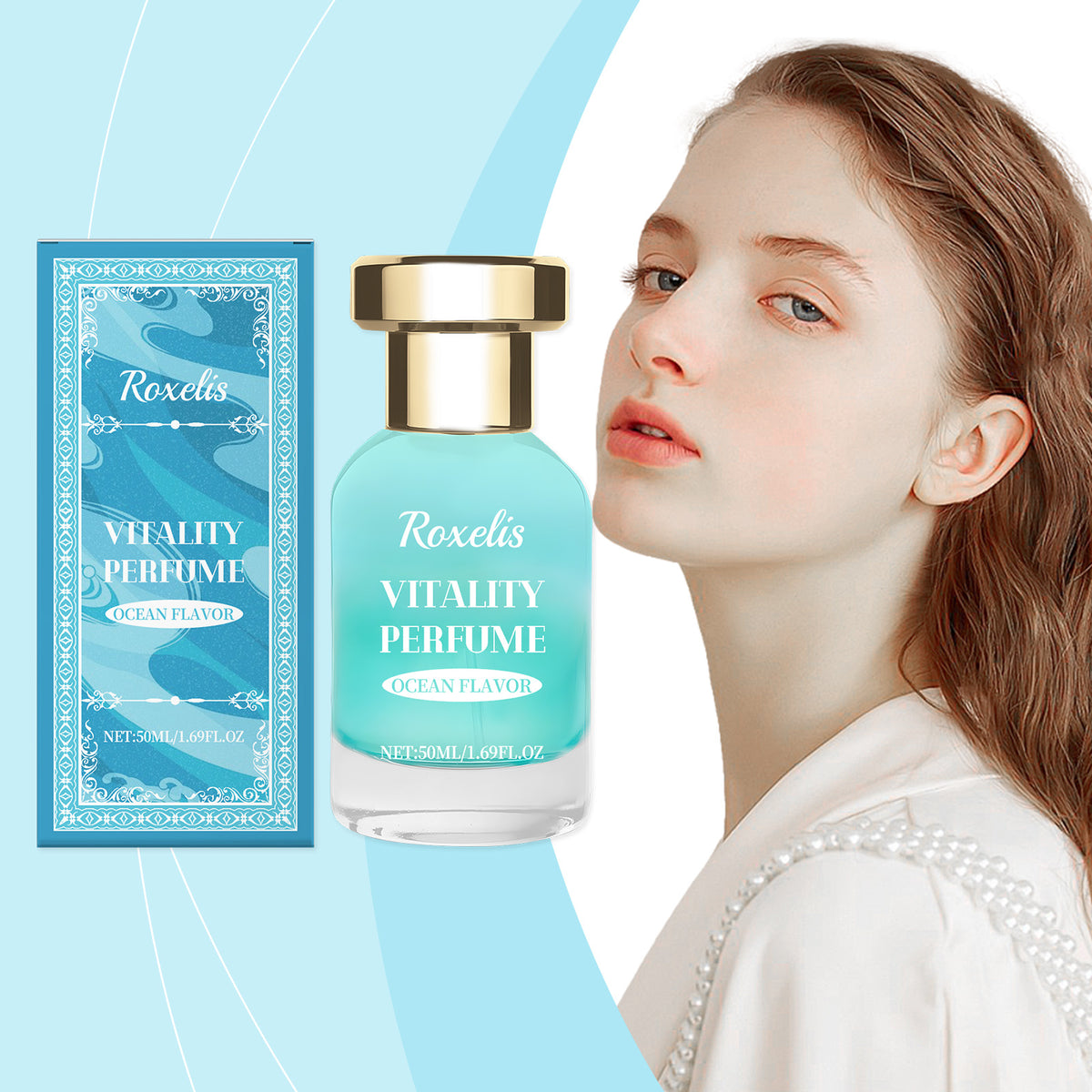 Eprolo Roxelis Ocean Vitality fragrance bottle with fresh blue ocean scent and sleek design, highlighting natural, lasting freshness.