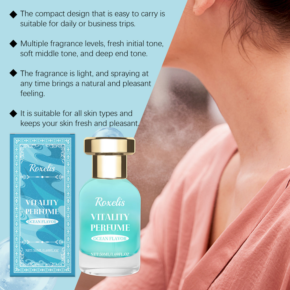 Eprolo Roxelis Ocean Vitality fragrance bottle with a fresh blue ocean design, showcasing the natural, lasting, light blue ocean scent.