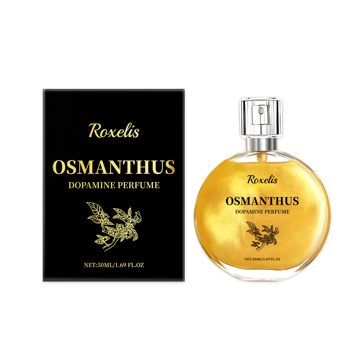 Roxelis Osmanthus Gilt perfume spray with natural Osmanthus fragrance, featuring a fine mist bottle and elegant gold accents.