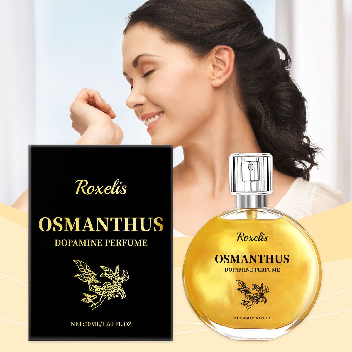 Eprolo Roxelis Osmanthus Gilt perfume spray with fresh, floral Osmanthus fragrance and moisturizing fine mist for lasting light scent.