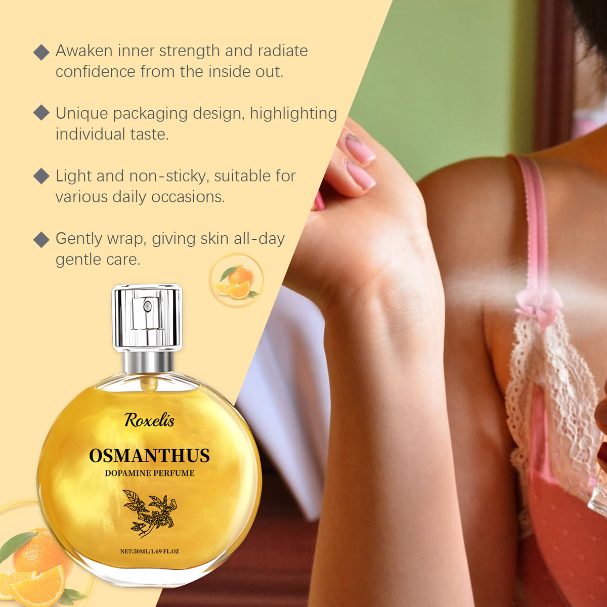 Eprolo Roxelis Osmanthus Gilt perfume spray bottle with gold accents, showcasing a sleek design for fresh, lasting Osmanthus fragrance.