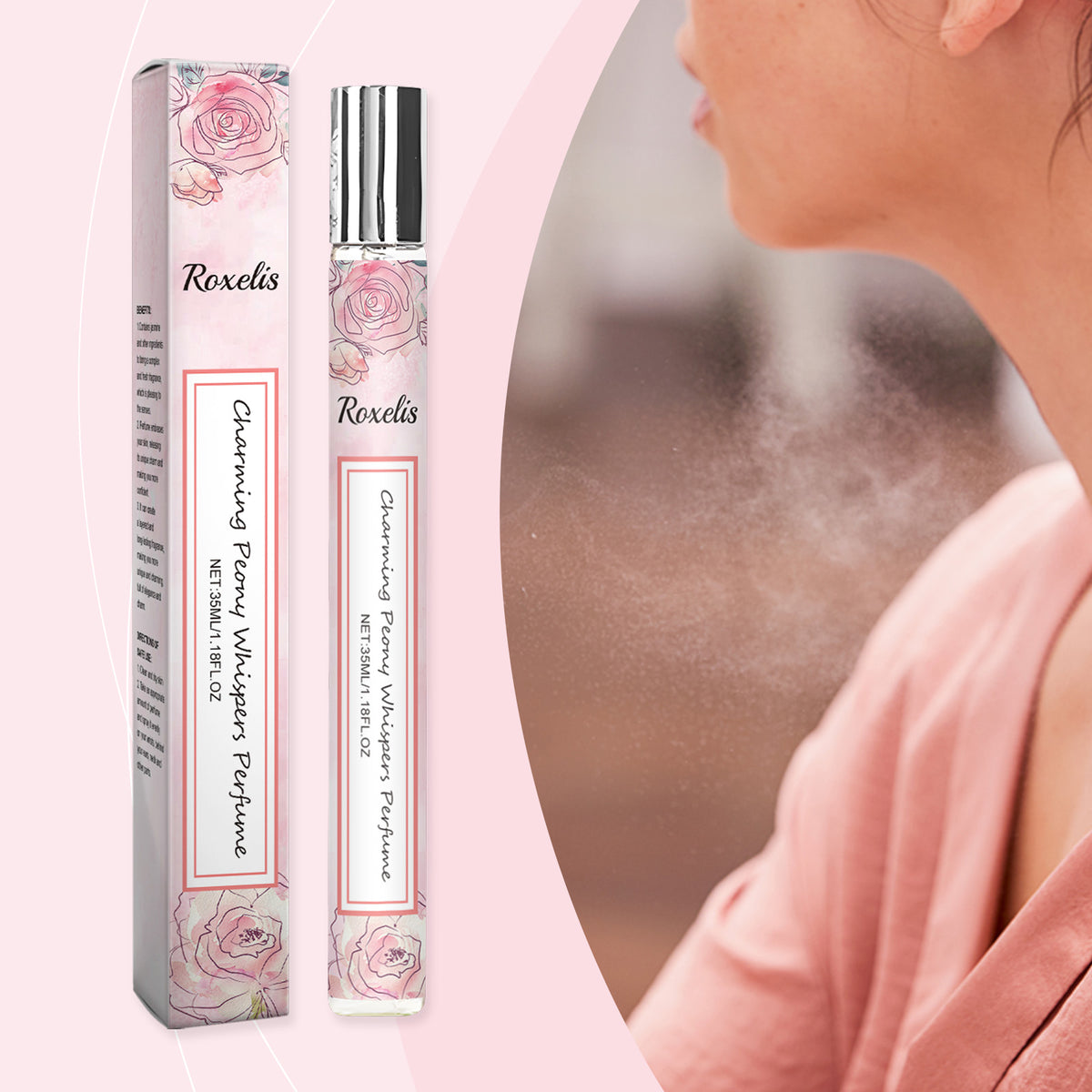 Eprolo Roxelis Peony floral perfume bottle with fresh, light fragrance and rose accents for women.
