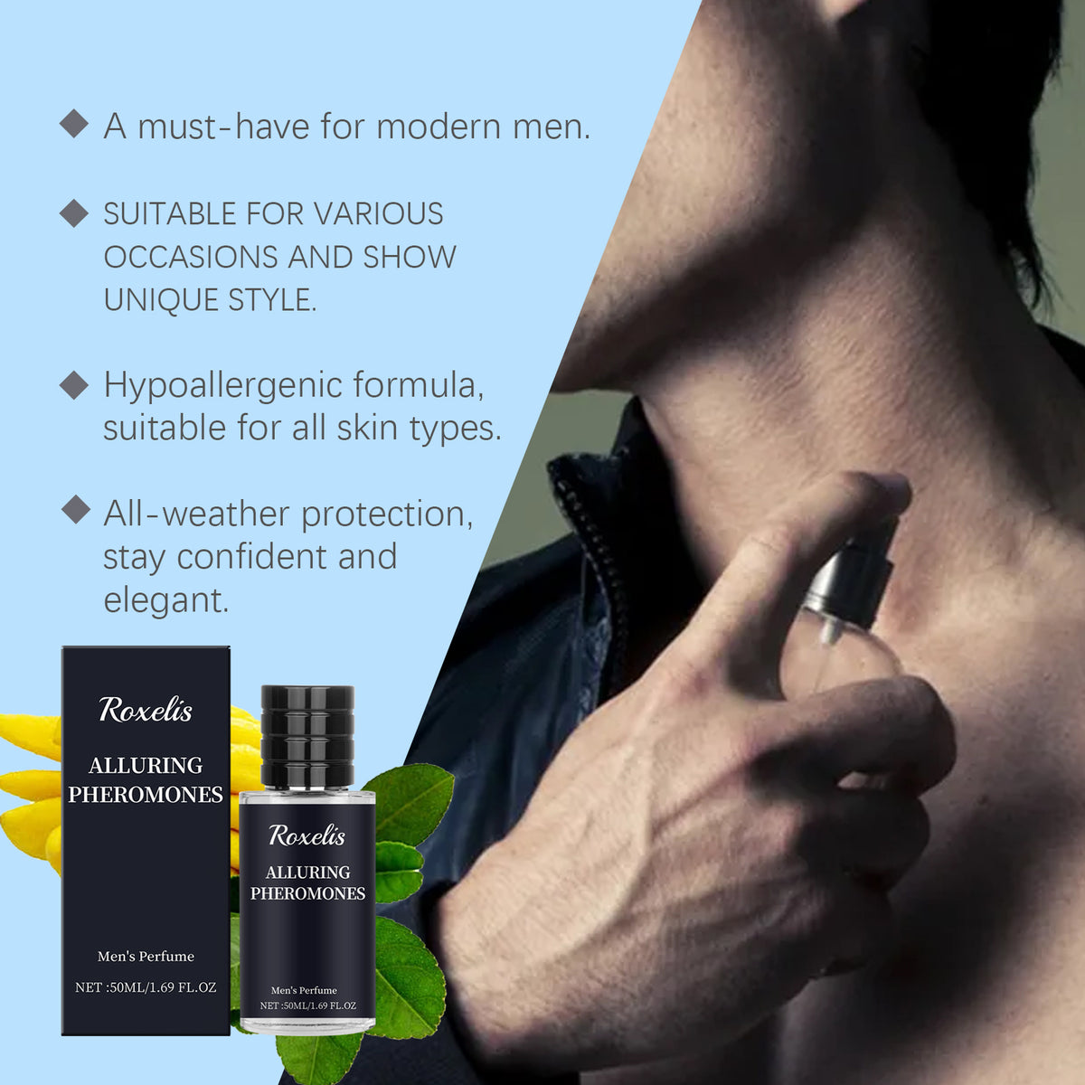 Roxelis Personality men's perfume by eprolo featuring bergamot scent, showcasing the sleek fragrance bottle and elegant design