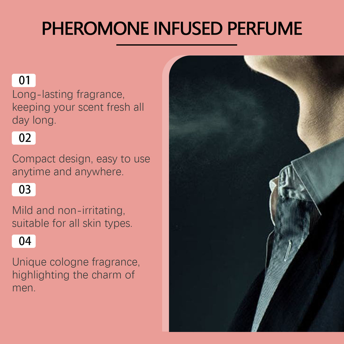 Roxelis men's pheromone-infused perfume bottle with jasmine fragrance, natural fresh scent, long-lasting cologne, eprolo brand