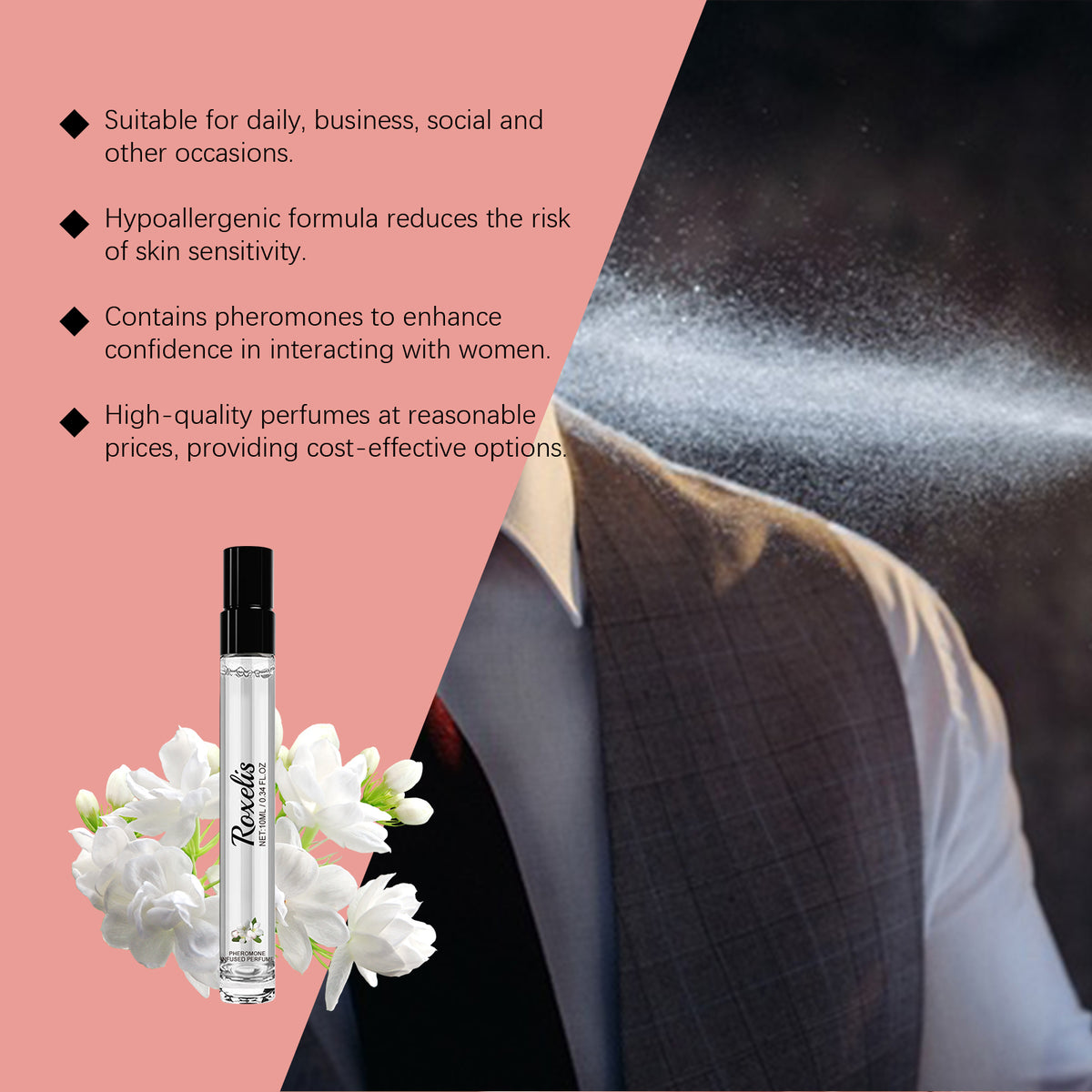 Roxelis men's pheromone perfume by eprolo with jasmine scent, long-lasting cologne featuring natural, fresh, and charming fragrance.
