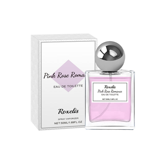 Eprolo Roxelis Pink Rose Charm perfume bottle with pink rose design, showcasing the lasting floral fragrance and pheromone scent.