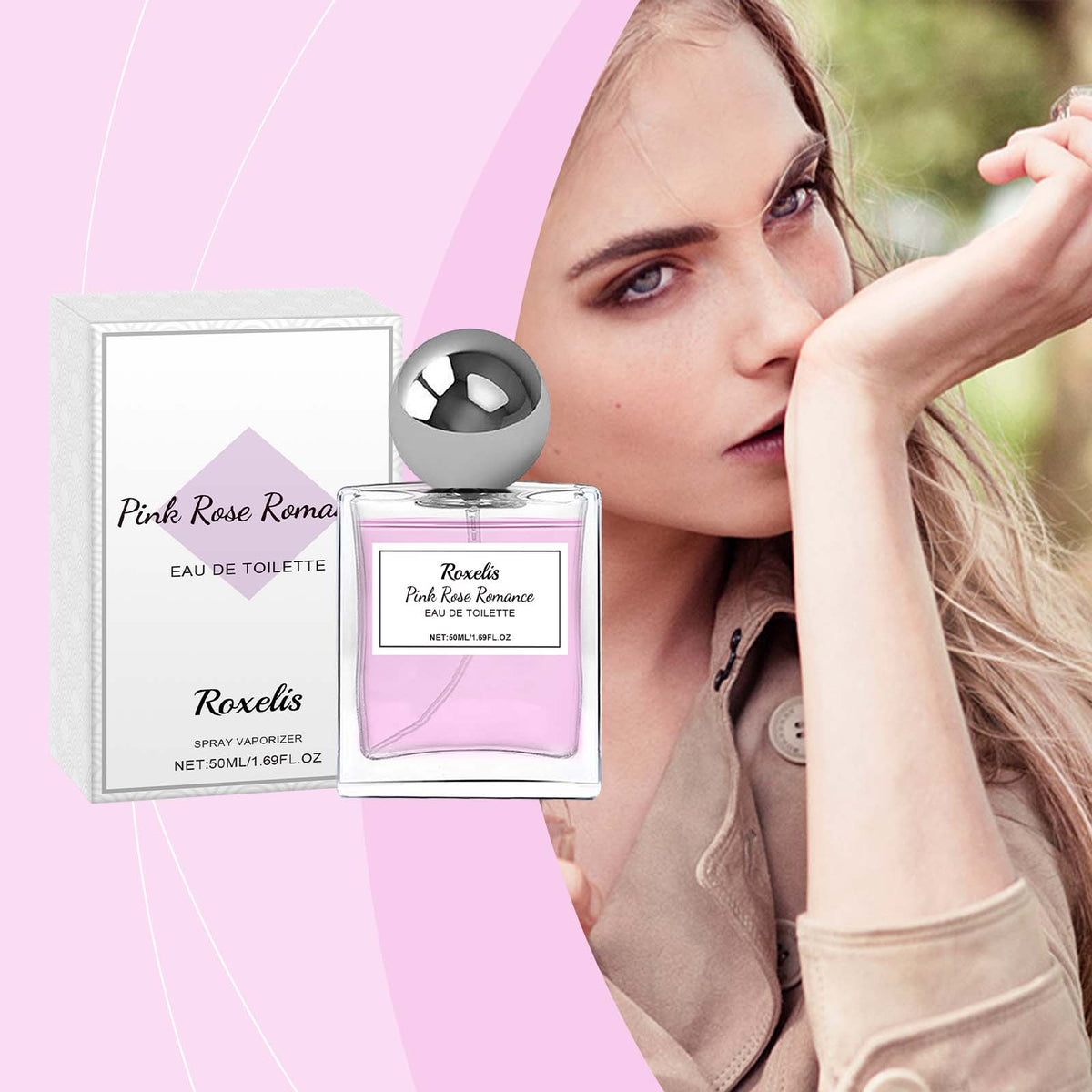 Eprolo Roxelis Pink Rose Charm perfume bottle with floral pink rose design, showcasing a lasting fragrance and pheromone-infused cologne.