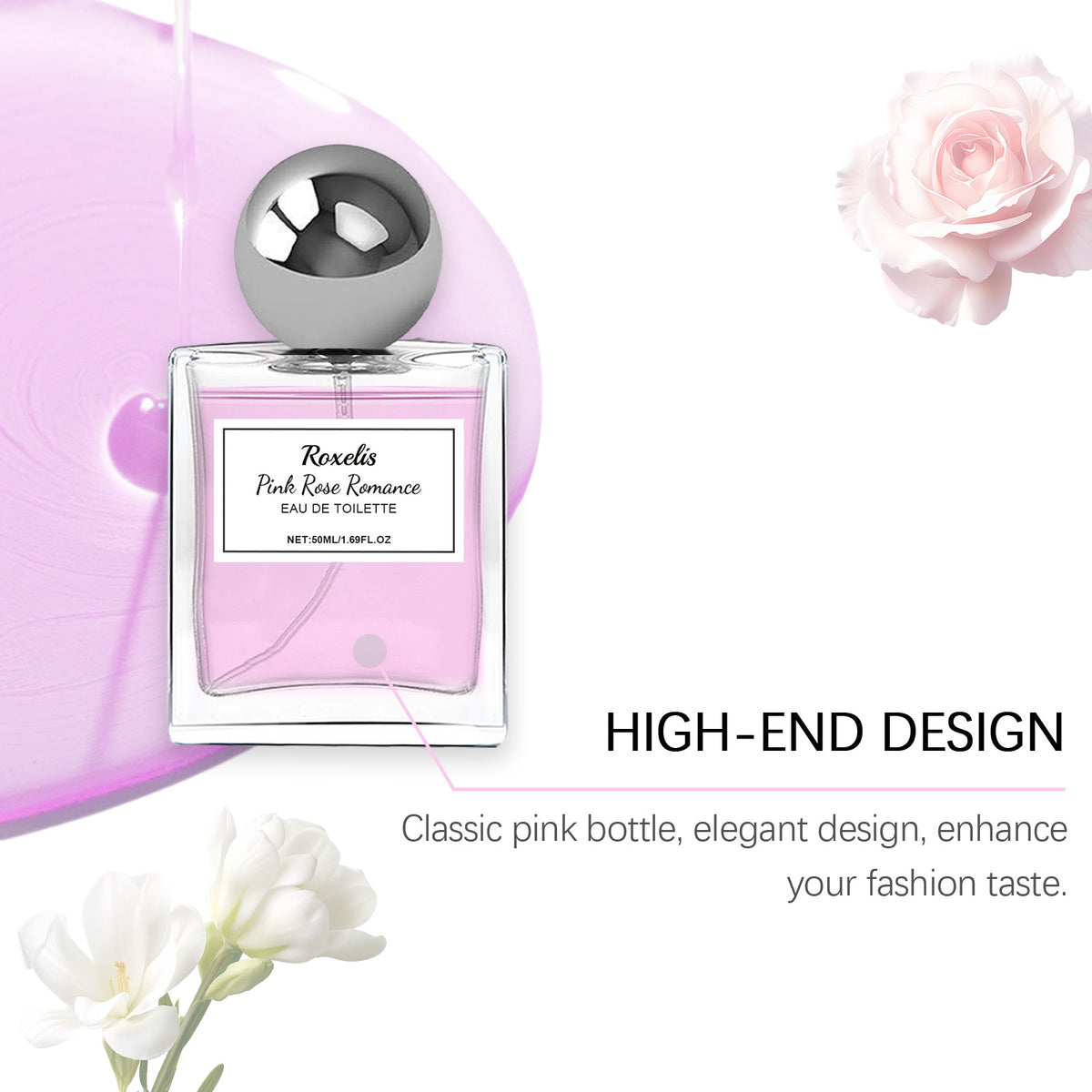 Eprolo Roxelis Pink Rose Charm perfume bottle with pink rose fragrance and elegant design, showcasing lasting floral scent and pheromone notes.