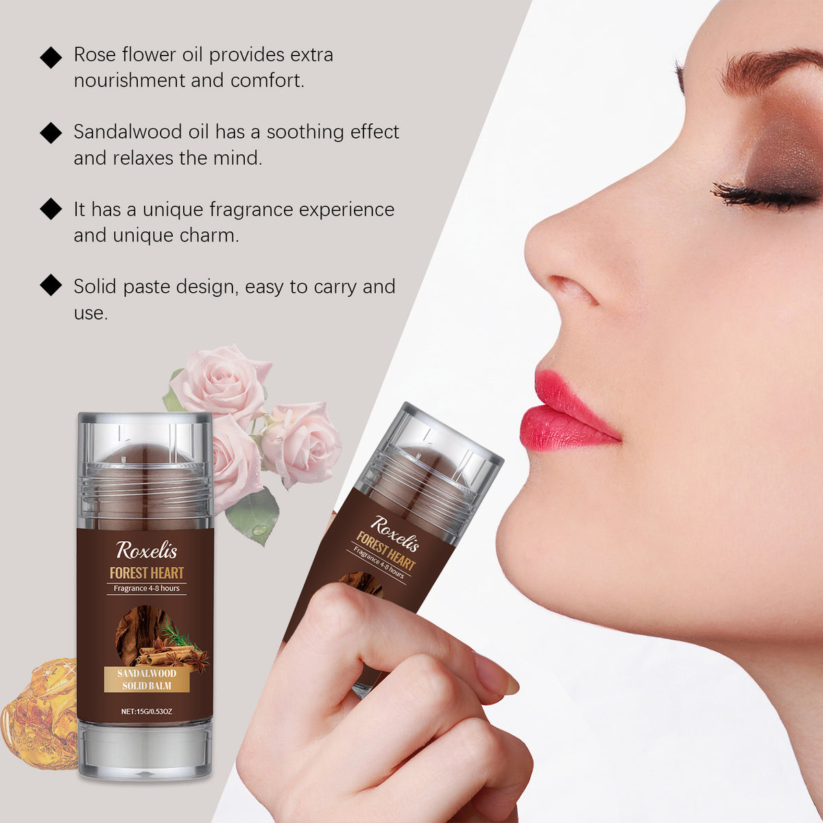 Eprolo Roxelis Sandalwood solid balm with natural light fragrance, portable, refreshing, and long-lasting for daily use.