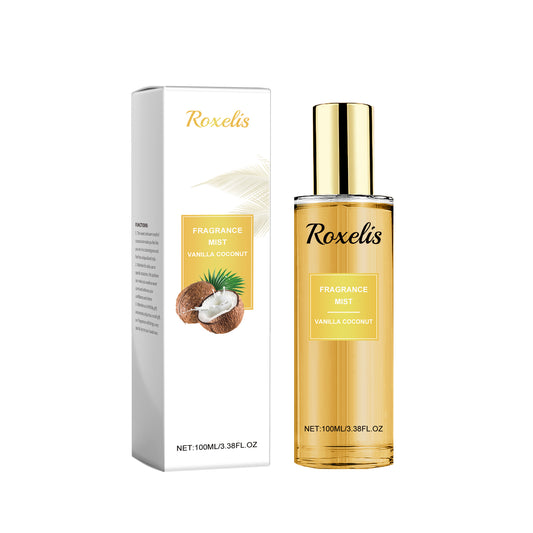 Eprolo Roxelis vanilla coconut fragrance spray with floral and fruit notes, long-lasting refreshing body mist on a white background.