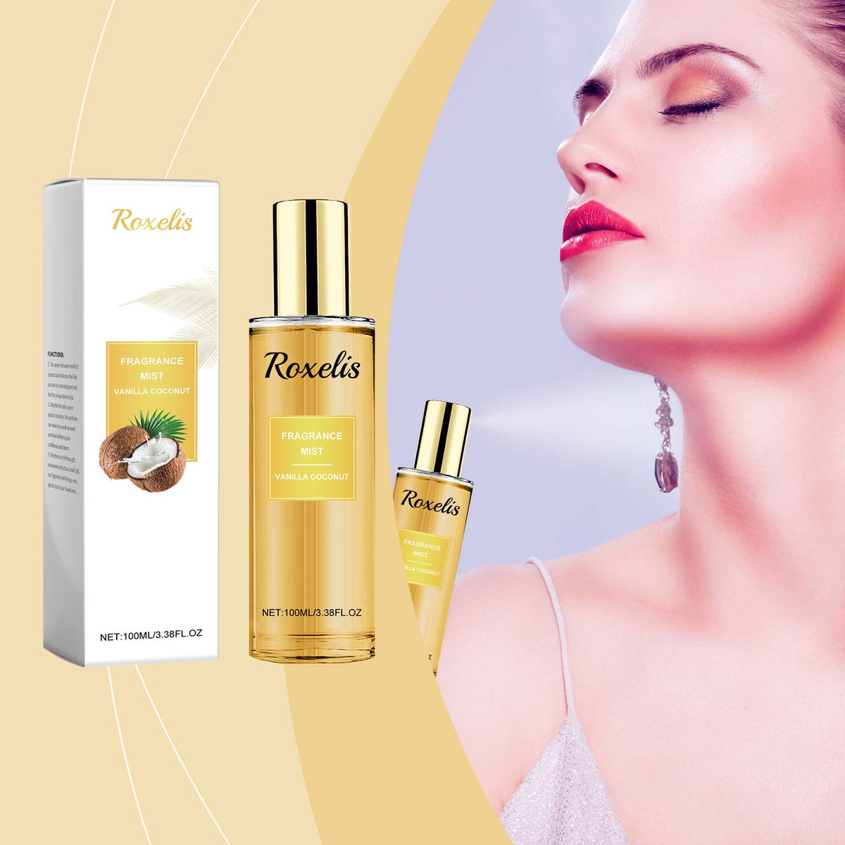 Eprolo Roxelis vanilla coconut fragrance spray with floral and fruity notes, long-lasting refreshing body spray.