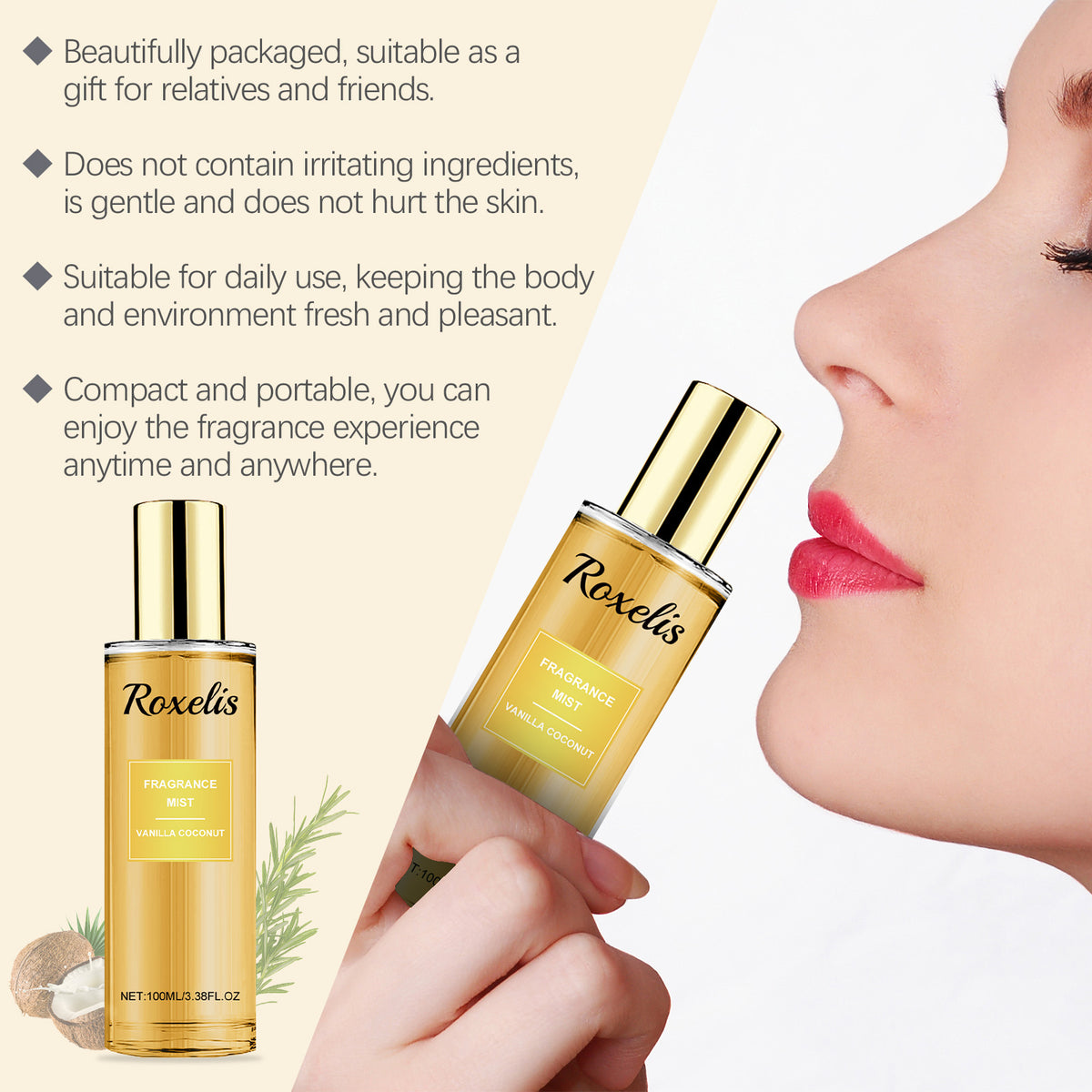 eprolo Roxelis vanilla coconut fragrance spray with floral and fruit notes, long-lasting refreshing body spray for a fragrant boost