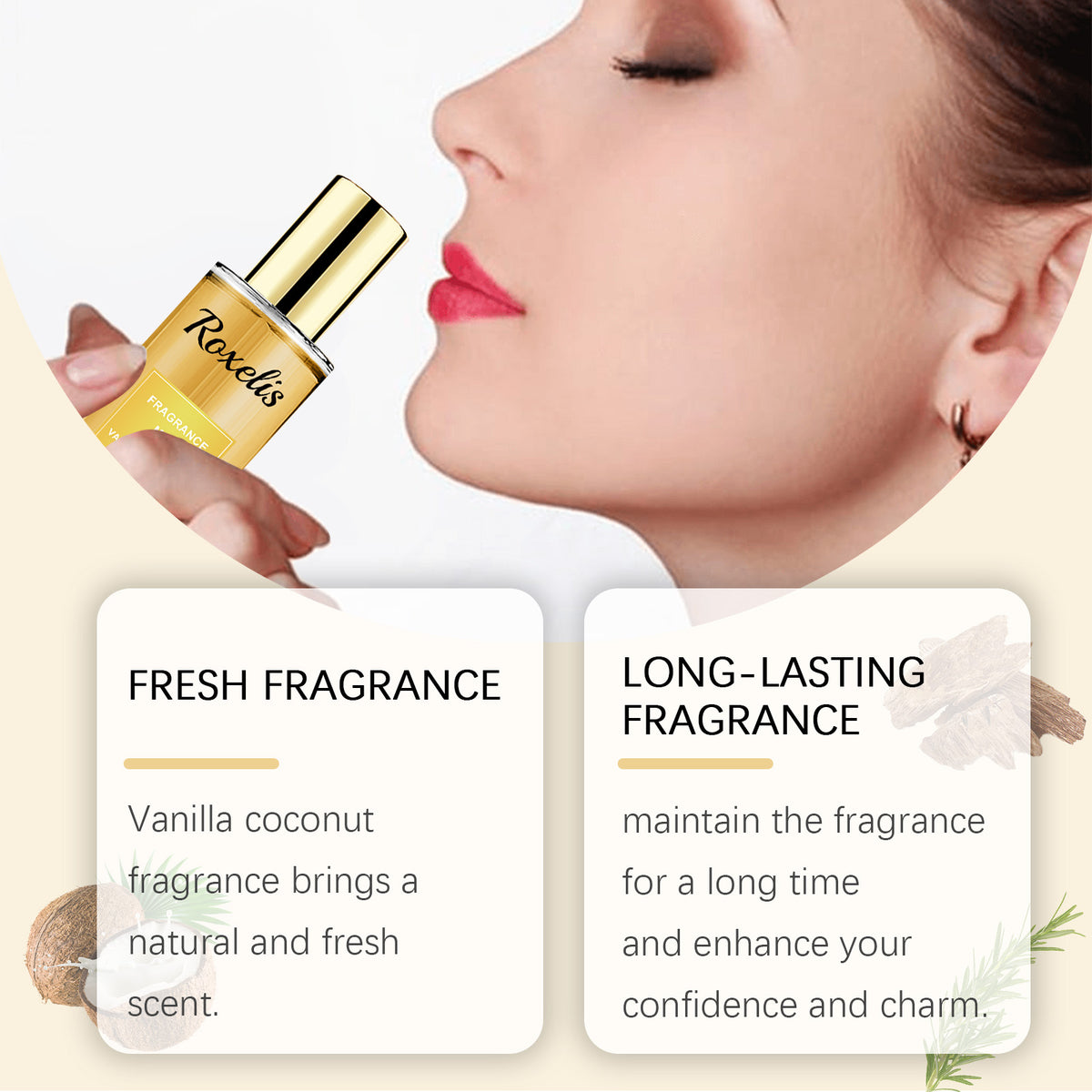 Eprolo Roxelis vanilla coconut fragrance spray with floral and fruity notes, long-lasting refreshing body spray image
