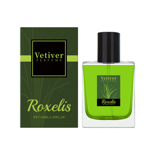 eprolo Roxelis Vetiver Fresh Perfume bottle with elegant glass design, showcasing natural vetiver fragrance for everyday use