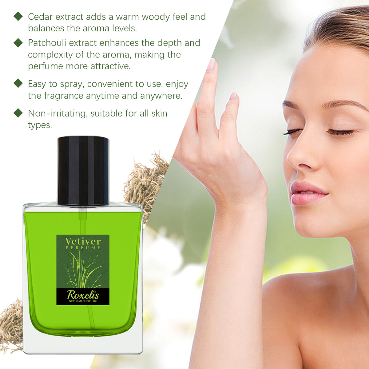 Eprolo Roxelis Vetiver Fresh perfume bottle showcasing elegant clear glass design with natural vetiver scent and fresh fragrance.