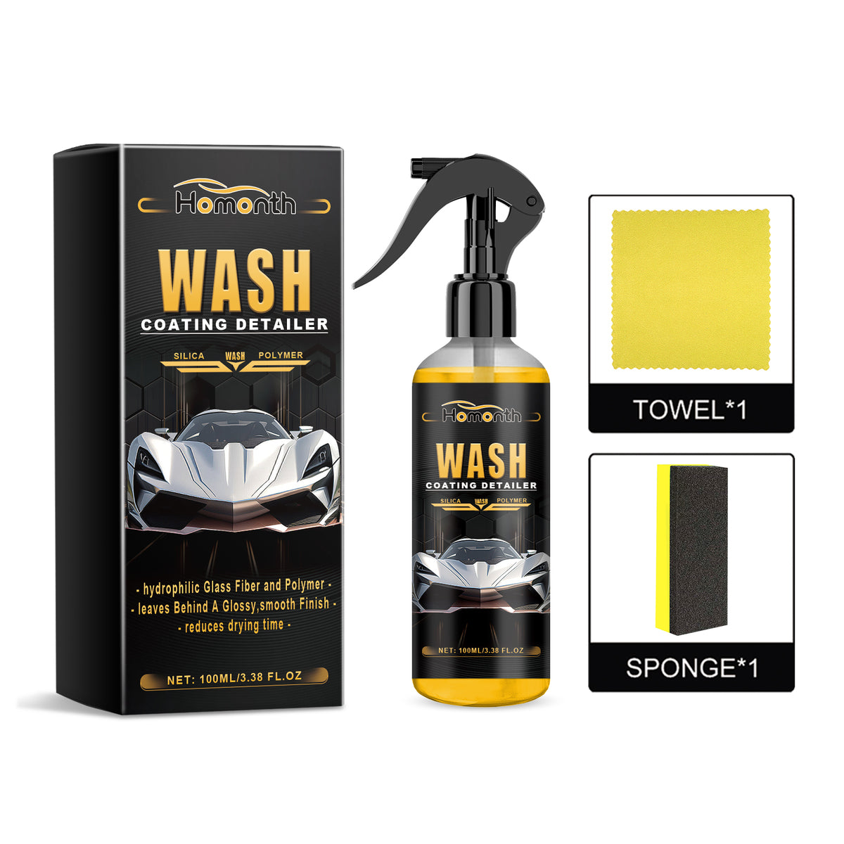 eprolo Wash Coating Detailer for car decontamination and maintenance, showing a spray bottle and cleaning cloth on a vehicle surface