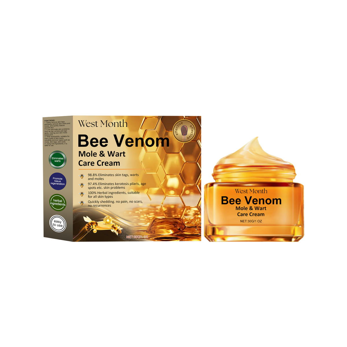 West&Month Bee Venom Keyu Mole Care Cream jar with smooth, lightening skin cream and flesh granules for moisturizing body care.