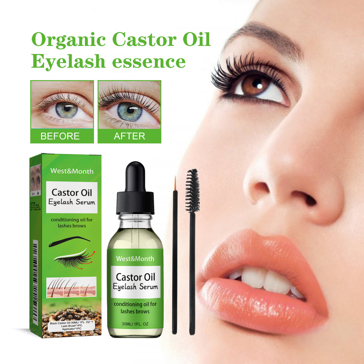 Eprolo West&Month castor oil mascara with natural curl, black color, easy application, and non-trace formula for beautiful lashes
