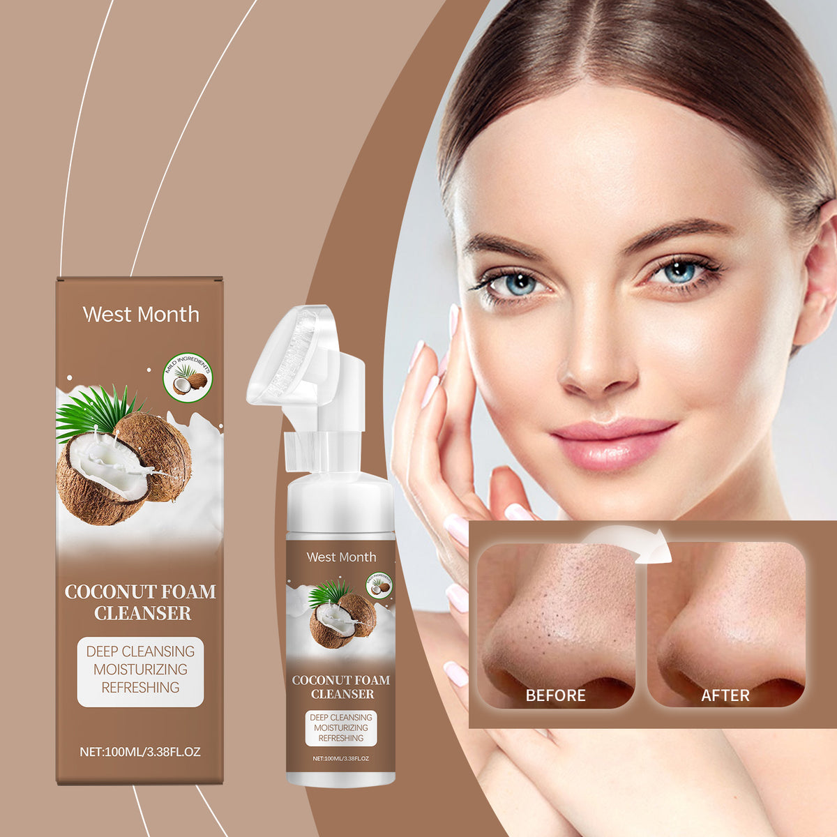 Eprolo West&Month coconut foam cleanser with gentle, refreshing pore-cleaning foam for clean, smooth skin.