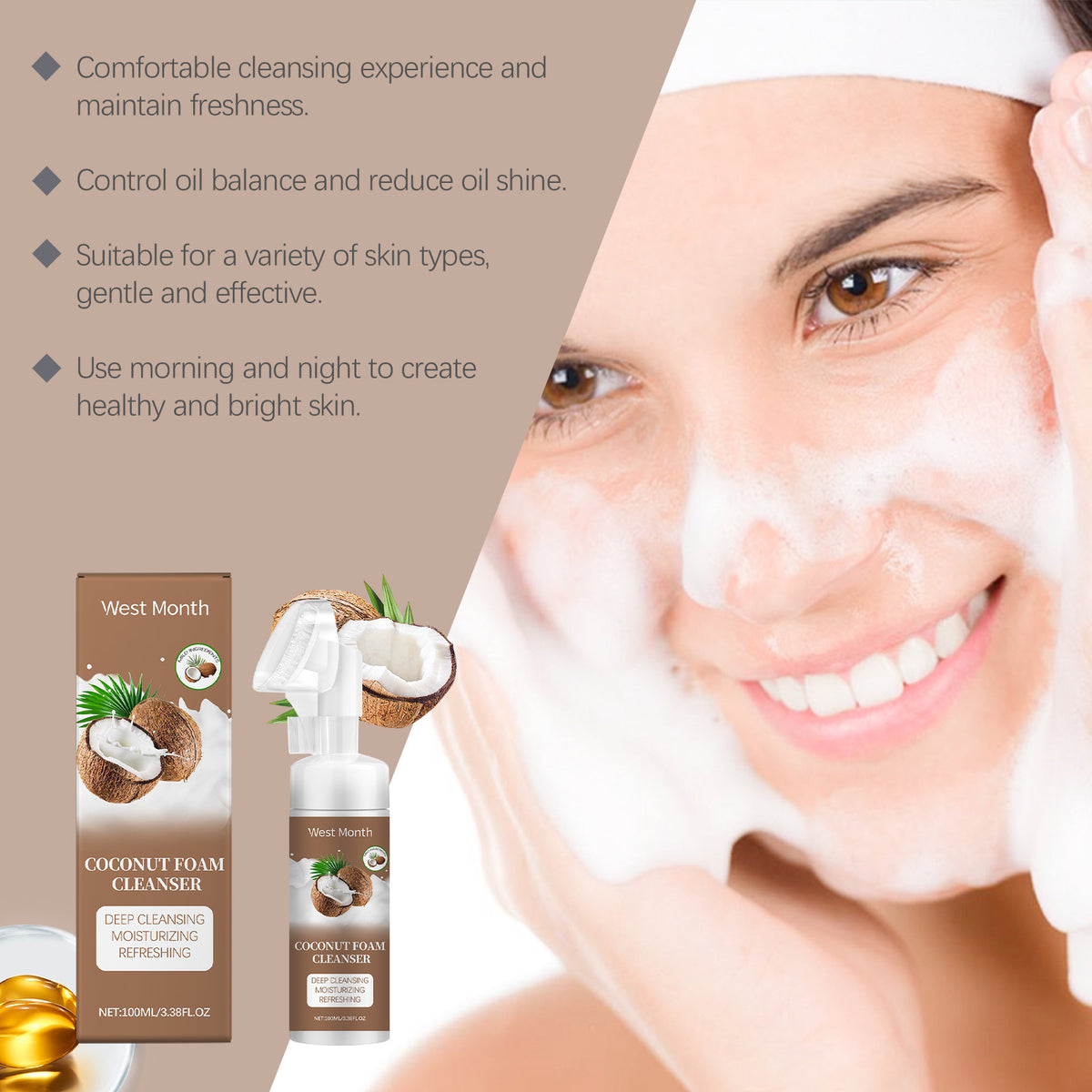 Eprolo West&Month coconut foam cleanser with gentle pore cleansing and refreshing moist formula, displayed in a clear bottle