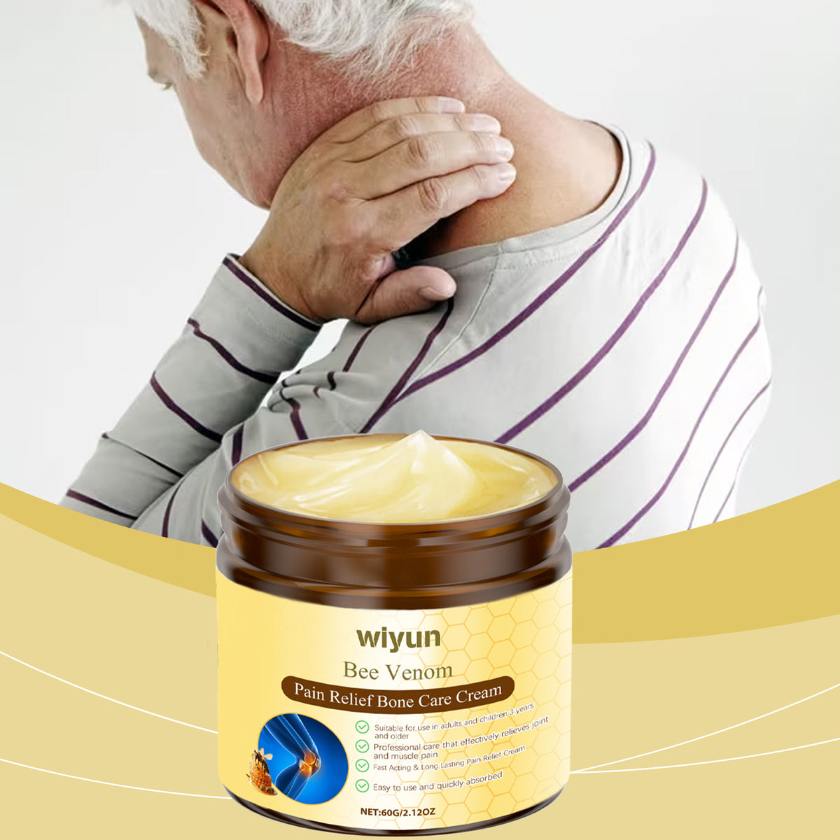 Eprolo Wiyun Bee Venom Joint Care Cream applied to wrist and knee for soothing, gentle massage and daily topical relief.
