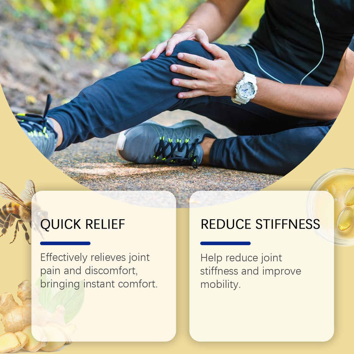 Eprolo Wiyun Bee Venom Joint Care Cream being applied to wrist and knee for soothing, daily topical joint pain relief.