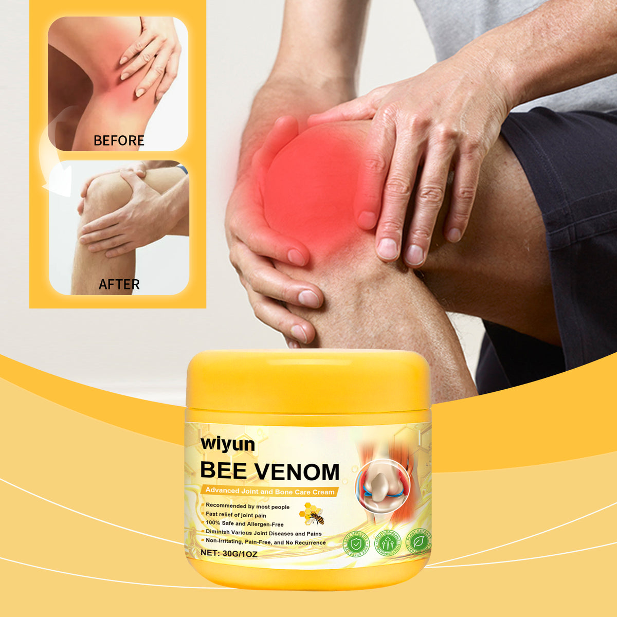 Eprolo Wiyun Body Joint Repair Cream bottle with wrist and knee massage treatment on a skin surface, demonstrating application.