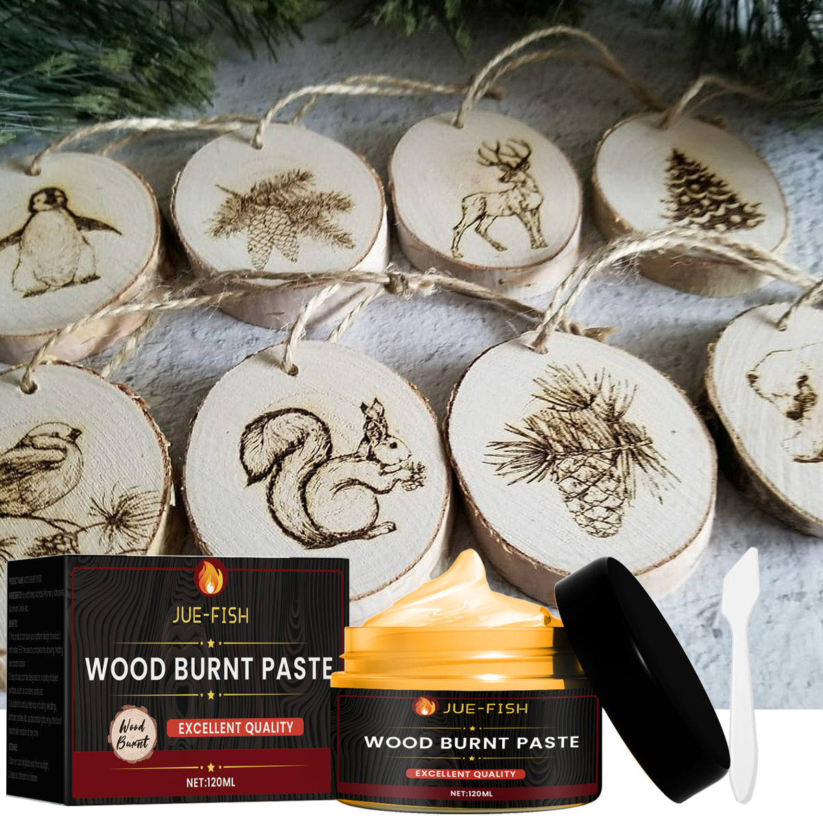 Outdoor wood burning paste by eprolo used for DIY pyrography on wood, shown in a container with a wooden surface.
