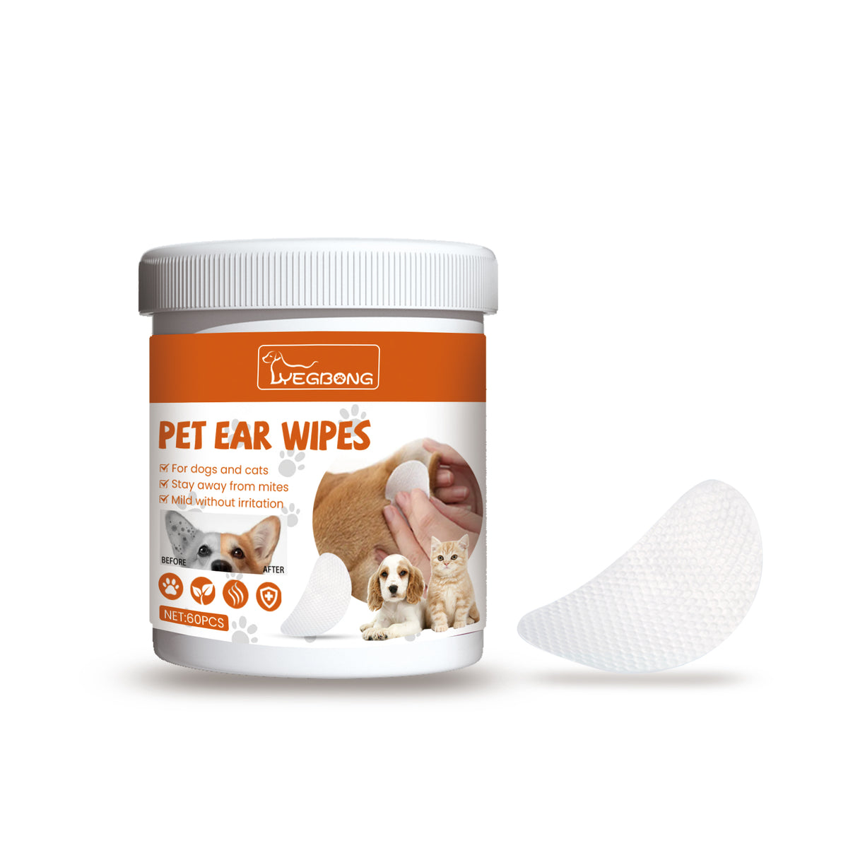 Eprolo Yegbong pet ear wipes for cleaning, deodorizing, removing mites and earwax from dogs and cats' ears.