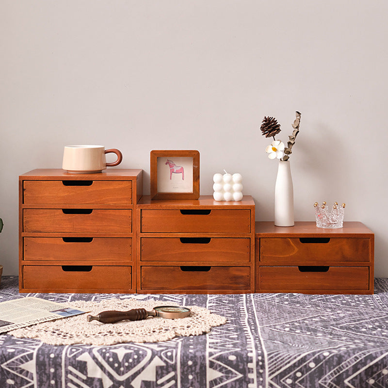 Small wooden eprolo three-layer storage cabinet with cosmetic organizer and display screen riser, showcasing compact, organized storage space.