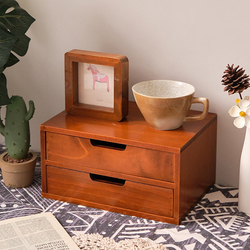 Small wooden three-layer storage cabinet with cosmetic organizer and display screen riser from eprolo, showing multiple compartments for organization.