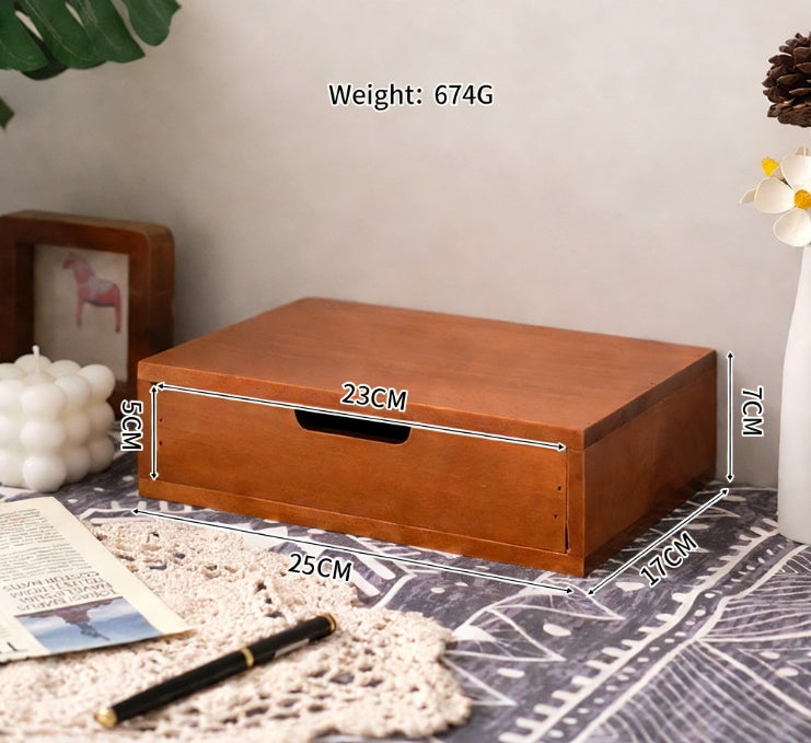 Small wooden three-layer storage cabinet and cosmetic organizer box with display screen riser by eprolo, showing organized compartments.