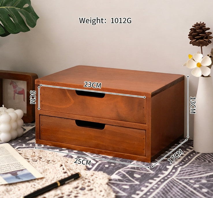 Small wooden three-layer storage cabinet with cosmetic organizer and display screen riser, ideal for bathroom or vanity storage.