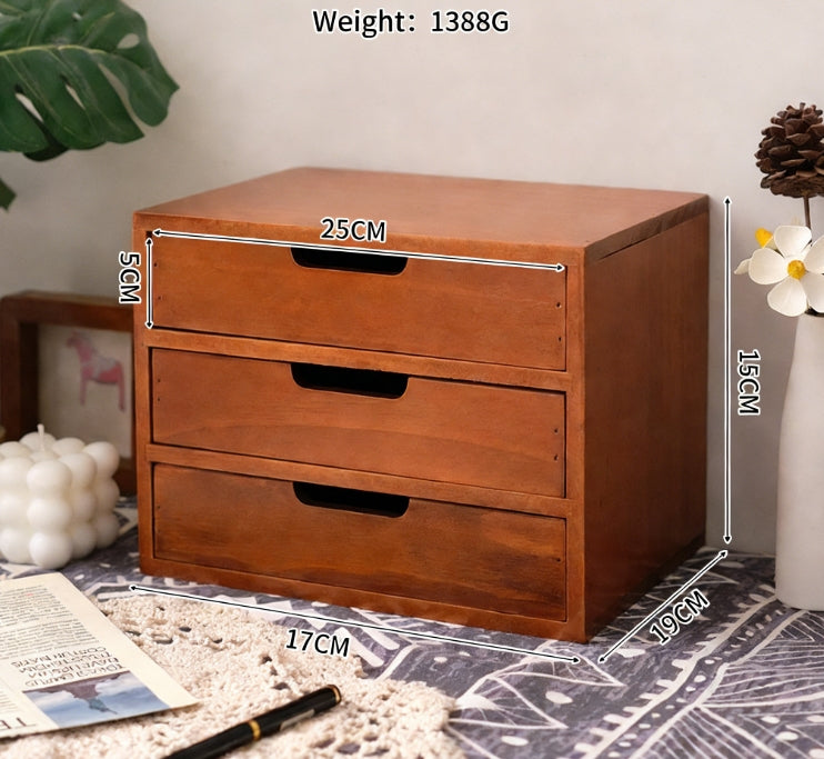 Small wooden three-layer storage cabinet with cosmetic organizer and display screen riser by eprolo, showcasing a tidy, organized workspace.