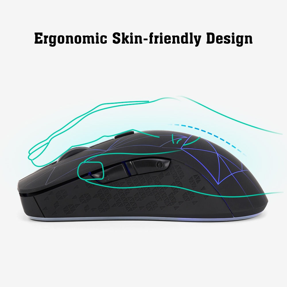 Eprolo dual mode wireless Bluetooth mouse with silent clicks, colorful LED lighting, suitable for laptops and office use.