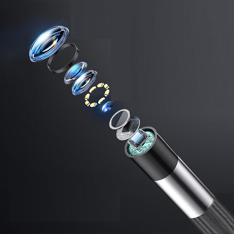 High-definition industrial endoscope by eprolo showing a probe lens inspecting pipelines and automotive components on a screen.