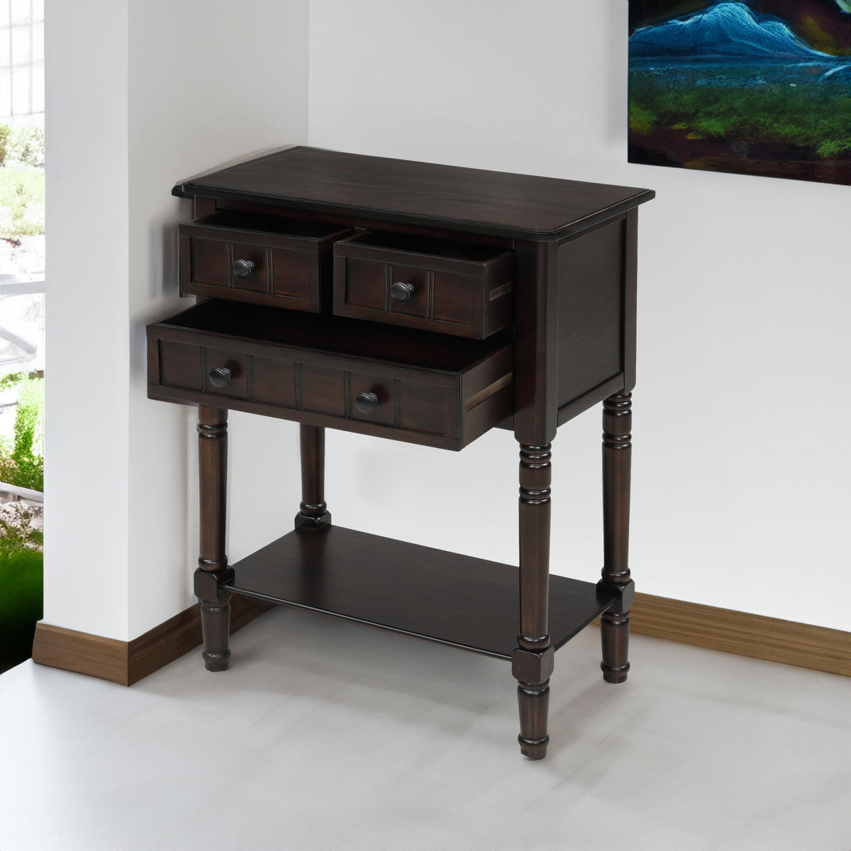 Eprolo TREXM narrow console desk in espresso with three storage drawers and bottom shelves, ideal for living room decor.